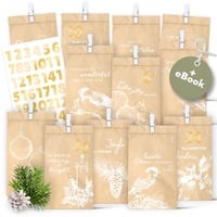 AMARI ® Adventskalender Nr.010 zum Befüllen Vintage White - 24 Papier Adventstüten (mit Holzklammern)- Papier Weihnachtstüten