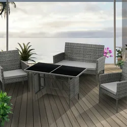SVITA BROOKLYN XL Rattan Essgruppe Garten Möbel Set mit Tisch, 2 Sessel, 2er Sofa Grau