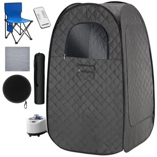 Tectake tectake® Mobile Dampfsauna ThermaLuxe I, 1000 W, faltbar, 2 Aufbewahrungsfächer, inkl. Fernbedienung, Matte, Klappstuhl und Tragetaschen