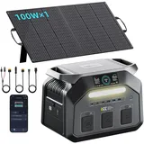 IEE P1800 1800W Solargenerator(Peak 3600W), 1024Wh Tragbare Powerstation mit 100W Panel, 0–80% in 45 Min.Laden, 11 Anschlüsse Ausgang USV App Power Station für Camping