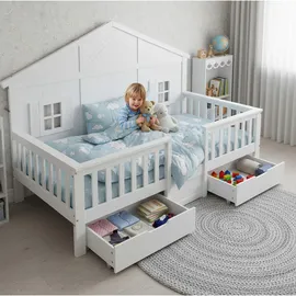 Okwish Kinderbett mit Stauraumschubladen 90 x 200 cm Kiefer massiv weiß