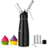 Newaner 500ml sahnespender, Sahnesyphon Aluminium mit 3 Edelstahl Deko-Düsen und 1 Reinigungbürste, Auslaufsicherer sahnesiphon für die Zubereitung von Schlagsahne, Creme, Mousse und Desserts