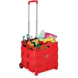 Relaxdays Einkaufstrolley, Klapptrolley mit Rollen & Teleskopgriff, bis 35 kg, faltbare Einkaufshilfe, Rolltrolley, rot