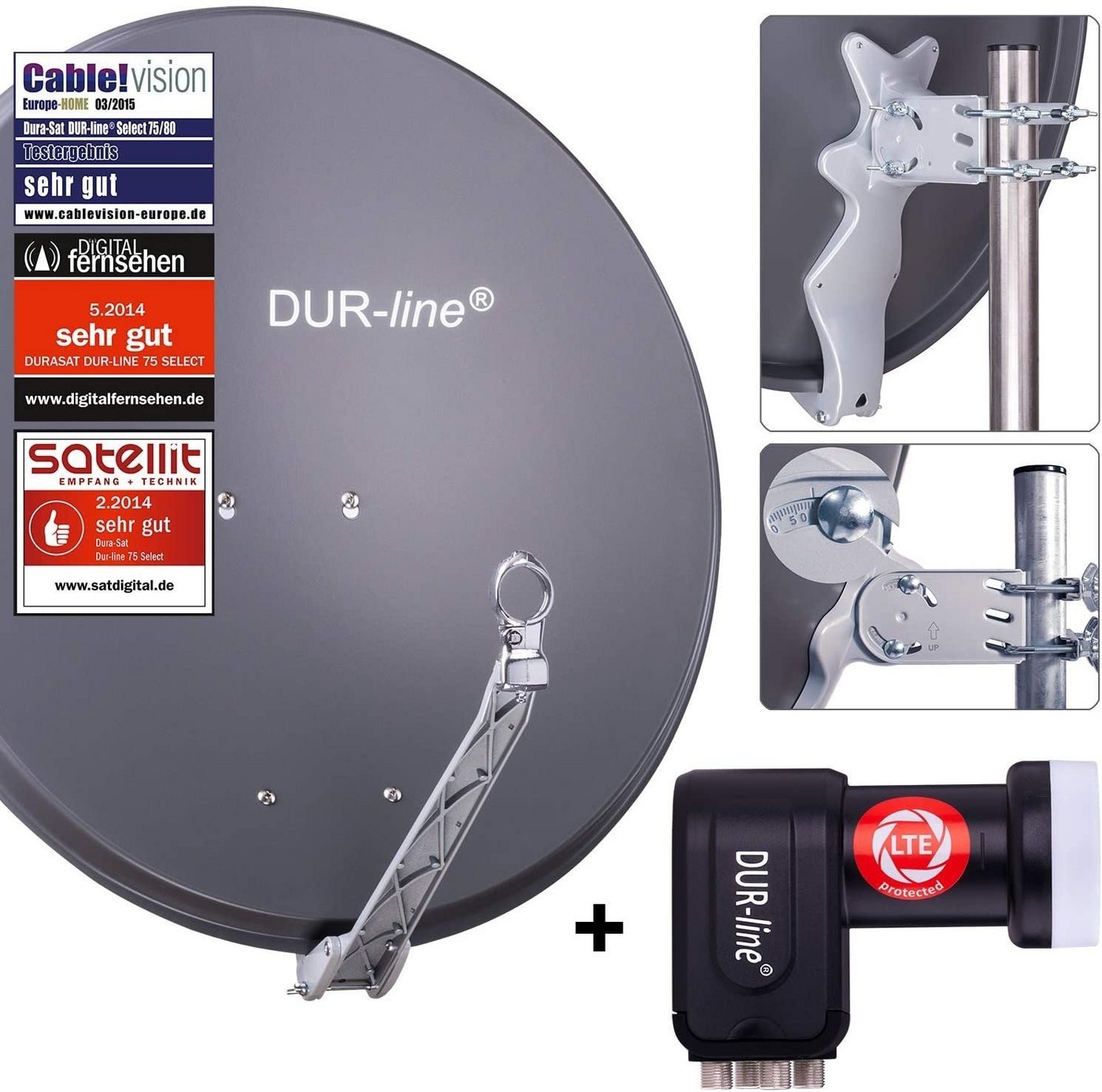 DUR-line DUR-line 4 Teilnehmer Set - Qualitäts-Alu-Satelliten-Komplettanlage - Sat-Spiegel