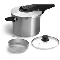 Springlane Schnellkochtopf Edelstahl 6L Induktion | Dampfkochtopf Set inkl. Dampfgarer & Glasdeckel | 5-fach Sicherheitssystem | 2 Kochstufen zum schnellen, vitaminschonenden Garen