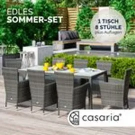 CASARIA Gartenmöbel Set 8 Personen Stühle inkl. 7cm Polster & Abdeckung Tisch 190x90cm 160kg Belastbar Wetterfest Polyrattan Stapelbar Terrasse Möbel Grau