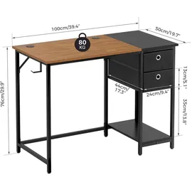 Mondeer Schreibtisch Computertisch mit Schubladen und Regal links oder rechts 100x75x50cm Retro-Braun und Schwarz