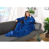 Wohndecke Kuscheldecke mit Ärmeln Super Soft Flanell Decke, heimtexland, Ärmeldecke mit 2 Taschen und Fußsack blau 150 cm x 180 cm