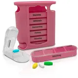 Nestor&Gamble Tablettenbox 7 Tage I Pillenbox mit 4 Fächern für morgens, mittags, abends & nachts I Praktische Wochen-Tablettenbox inkl. Tablettenteiler I Tablettenturm 7 Tage I Doppelpack I Pink