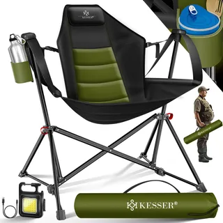 Kesser KESSER® Campingstuhl faltbar Schaukelstuhl bis 160 kg Angelstuhl Faltstuhl Klappstuhl Gepolstert Campinglicht und Getränkehalter + Tasche mit hoher Rückenlehne Strandstuhl mit Wippfunktion