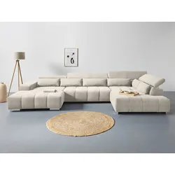 Wohnlandschaft COTTA "Orion U-Form", beige, B:409cm H:73cm T:225cm, 100% Polyester, Sofas, mit Kopfteilverstellung & 6 Nierenkissen