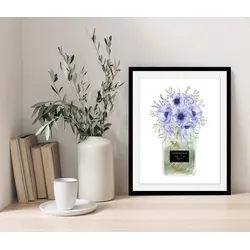Bild mit Rahmen MY HOME "Blumen Parfüm - Gerahmter Digitaldruck - Wandbild", bunt (farbe rahmen: schwarz, farbe bild(er): blau, grün), B:50cm H:70cm, Acrylglas, Holz, Bilder, Holzrahmen - Dekoration