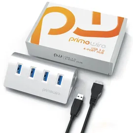 Primewire USB-Adapter 1× USB Typ A Stecker zu 4 x USB 3.2 Gen2 Buchse, 4 Port USB 3.2 Gen2 Hub Aktiv Verteiler mit Netzteil, Alugehäuse