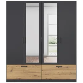 Rauch Kleiderschrank, Schrank Garderobe Wäscheschrank BARI mit Spiegel, 2 Schubladen, für Stauraum, Farbe Graumetallic, Schwarz/Eiche Artisan, Holz, Griffe grau metallic, 181x210x54cm