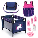 Bayer Design 61754AC Puppenbett, Puppenschlafsack, Tasche, Puppenzubehör, Spielset für Babypuppen, Blau, Rosa Einhorn