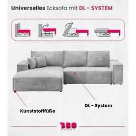 bromarkt Ecksofa PABLO Schlaffunktion Bettkasten L-Form 294x185x85cm Hellgrau Links - Hellgrau