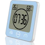 ALEENFOON Digital Badezimmeruhr Duschuhr Wasserdicht mit Saugnapf Thermometer zum Hinstellen Wand Dusche Countdown Timer Digitalwecker Batteriebetrieben Thermometer Hygrometer Innen (Blau)