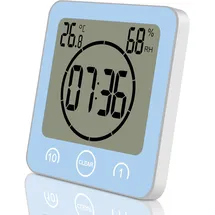 ALEENFOON Digital Badezimmeruhr Duschuhr Wasserdicht mit Saugnapf Thermometer zum Hinstellen Wand Dusche Countdown Timer Digitalwecker Batteriebetrieben Thermometer Hygrometer Innen (Blau)