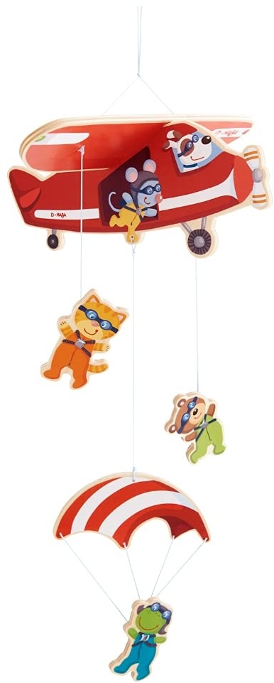 HABA 304758 - Mobile Fallschirmspringer, Zubehör fürs Kinderzimmer, mit vielen Tierfiguren, aus Holz, leicht zu montieren, geeignet von Geburt an