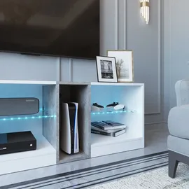 Mondeer TV-Lowboard TV-Schrank mit Led-beleuchtung 140cm breit Weiß und Grau - Weiß/Grau