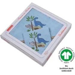 WÖRNER Geschenk-Set Dinos blau Kapuzenbadetuch + Waschhandschuh