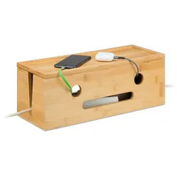 Relaxdays Kabelbox für 2 Steckdosenleisten, Bambus, HxBxT: 15,5 x 42 x 16 cm, Kabel verstecken, Steckdosenbox, natur
