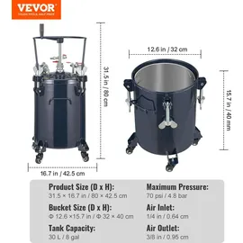 Vevor Druckbehälter Farbbehälter Sprühfarbe Drucktopf 30 L Drucktank, 70 psi Lackierpistole Farbbehälter Φ 80 x 42,5 cm Spray Paint Pressure Pot Tank Paint Container Farbspritzpistolen Lacken, Flecken