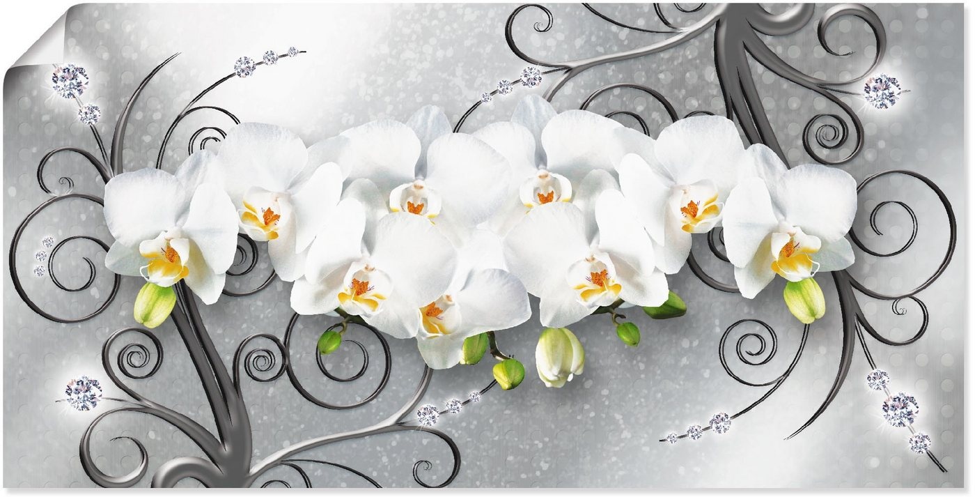 Artland Wandbild weiße Orchideen auf Ornamenten, Blumenbilder (1 St), als Alubild, Outdoorbild, Leinwandbild, Poster, Wandaufkleber grau 100 cm x 50 cm