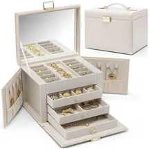 luxuskollektion Schmuckkasten Schmuckbox PU Leder Spiegel 4 Ebenen Beige-weiß
