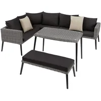 tectake® Aluminium Poly Rattan Lounge, Gartenmöbel Set mit Ecksofa, Bank und Tisch, Sitzgruppe für Garten Balkon Terrasse, Balkonmöbel Sofa Garnitur mit dicken Polstern, mit Zierkissen - grau