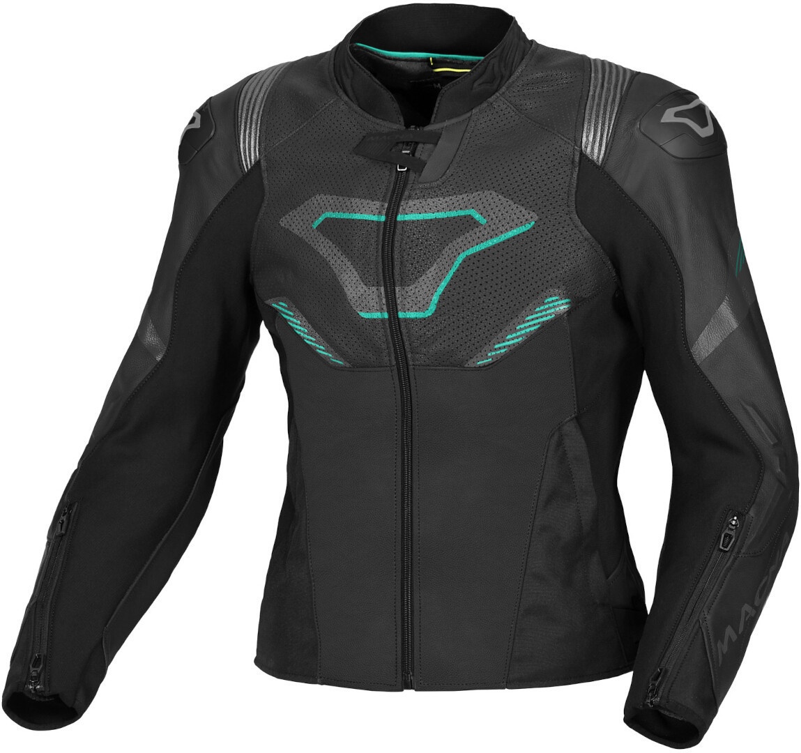 Macna Pointer perforierte Damen Motorrad Lederjacke, schwarz-grün, Größe 40