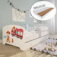 Kids Collective Kinderbett 160x80 cm mit Matratze und Schublade, Rausfallschutz & Lattenrost weiß mit Feuerwehr Motiv - Weiß