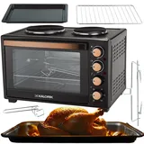 Kalorik - Minibackofen - Kochplatten 2er Elektrisch - mini Backofen 30 Liter - 2-in-1 Backofen und Kochfeld für vielseitiges Kochen und Backen, mit Umluft & Drehspieß, 3300 W, Schwarz Kupferakzent