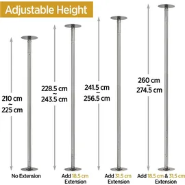 Yaheetech Tanzstange 45 mm, Pole Dance Stange 225 cm bis 274,5 cm Höhenverstellbar, Strip Stange Statisch oder Spinning Mattsilber