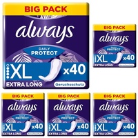 Always Dailies Protect Slipeinlagen Damen, Extra Long (40 Binden) Big Pack, geruchsneutralisierend, atmungsaktiv, flexibel (Packung mit 5)