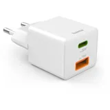 Hama Schnellladegerät, 1x USB-C PD, 1x USB-A QC, Mini-Ladegerät, 20 W, Weiß