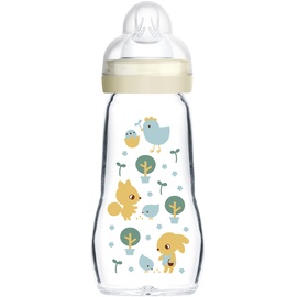 MAM Feel Good Babyflasche aus Glas (260 ml), Babyflasche mit weiter Öffnung, stabile Baby Trinkflasche mit Sauger Gr. 1, ab der Geburt, Hase/Küken