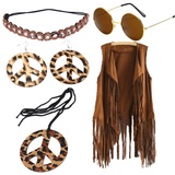 Hippie Kostüm Damen Set Fransen ärmellos Weste Hippie Kleidung Damen 60er 70er Jahre Bekleidung Braun Fransenweste Hippie Accessoires Brille Kette Haarband Ohrringe Für Damen Mädchen Disco Outfit,L