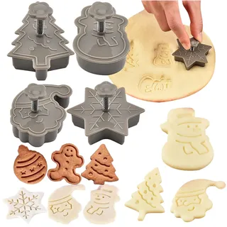 4 Stück Weihnachtsausstecher Plätzchen Ausstecher Set,Keksausstecher Weihnachten Linzer, 3D Ausstechformen, Cookie Cutter kinder, Ausstechformen Eindrückformen Auswerfer Stempel Tortendeko