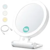 Jalleria - Vergrößerungsspiegel mit Licht, 20x/1x, doppelseitig, tragbarer Schminkspiegel, 3-Farben-Beleuchtung, dimmbarer Touchscreen