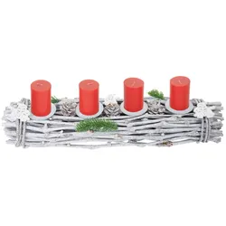 Mendler Adventskranz länglich, Weihnachtsdeko Adventsgesteck, Holz 60x16x9cm weiß-grau ~ mit Kerzen, rot