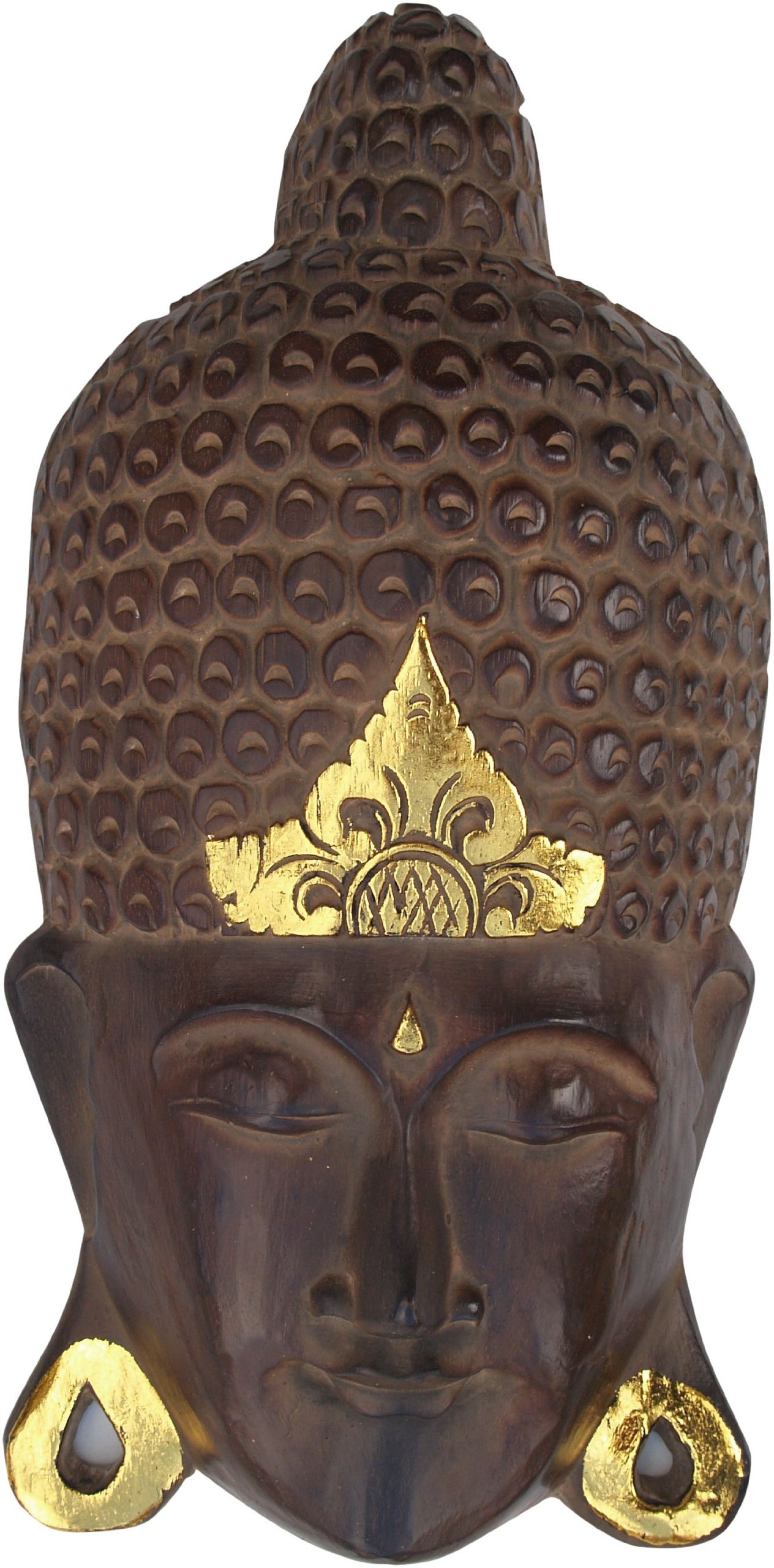 GURU SHOP Buddha Maske mit Goldverzierung, Wandschmuck, Ethno Wanddekoration aus Balsaholz, Größe: 40 cm, Buddhas