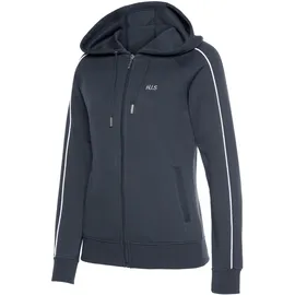 H.I.S. Kapuzensweatjacke H.I.S, Damen, Gr. 40/42, blau (marine), Interlock, Obermaterial: 60% Baumwolle, 40% Polyester, unifarben, Basic, Basic hüftlang, Bündchen, Sweatjacken, mit Piping an den Ärmeln, Loungeanzug