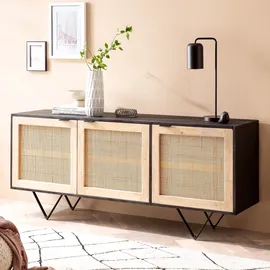 FineBuy Sideboard 175cm Mango Design Kommode mit 3 Rattan Wiener Geflecht Türen Schwarz