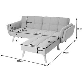 Mendler Schlafsofa HWC-K18 mit Ottomane, Couch Sofa Gästebett, Schlaffunktion 218x175cm - Stoff/Textil hellgrau