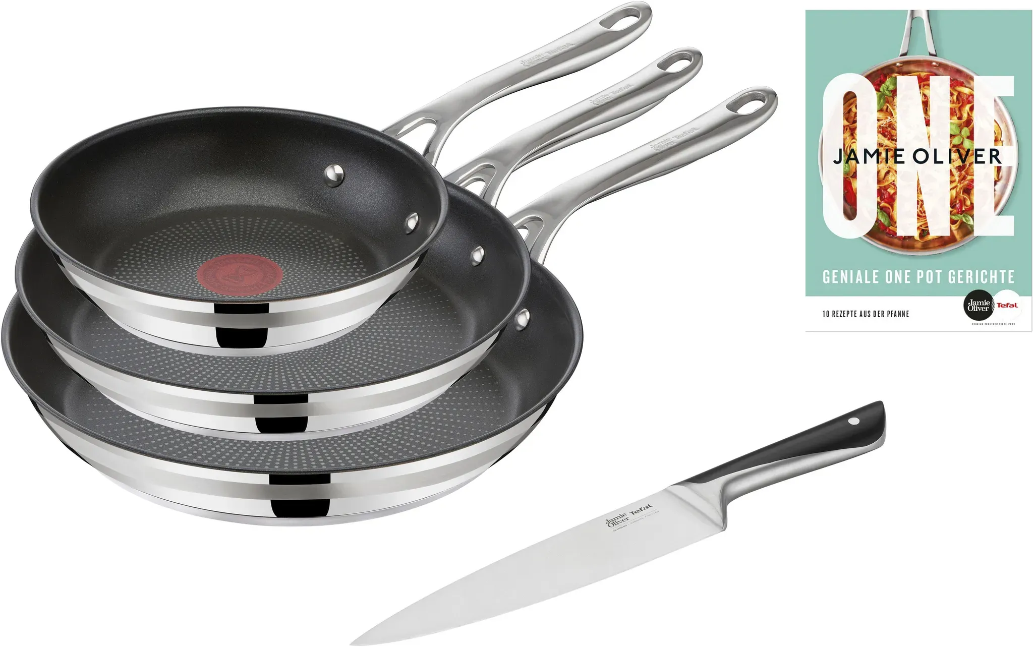 Pfannen-Set TEFAL "Jamie Oliver Cook Smart" Pfannen Gr. Ø 28cm + Höhe 14,9cm, grau (edelstahl) stilvolle Edelstahl-Pfannen, inkl. Kochmesser, Rezeptbuch