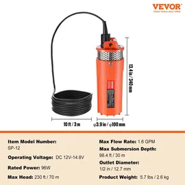 Vevor Solar Wasserpumpe, 12 V DC, 96 W, Tiefbrunnenpumpe, max. Durchfluss 1,6 GPM, max. Förderhöhe 70 m, solarbetriebene Tauchpumpe für Brunnen, Bewässerung von Bauernhöfen, Tränken von Nutztieren