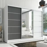 mebloland Schwebetürenschrank, 3-türig Schrank 200 cm mit Spiegel AURELIA 1 ( Weiß | Graphit | Weiß) - Weiß/Grau