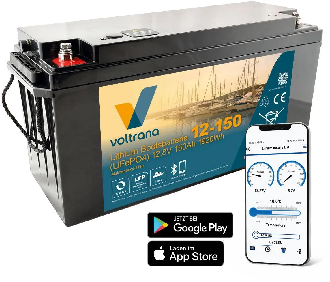 Lithium Bootsbatterie 12,8V 150Ah 1920Wh M8 mit Bluetooth & Heizung – Voltrana L...