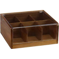 Relaxdays Teebox Holz, 6 Fächer, 90 Teebeutel, Teedose mit Klappdeckel, Aromaschutz, HxBxT 9,5 x 22 x 20,5 cm, natur